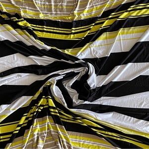 Black  White and Yellow Multicolor Striped Poly Print Stretch Rayon Fabric